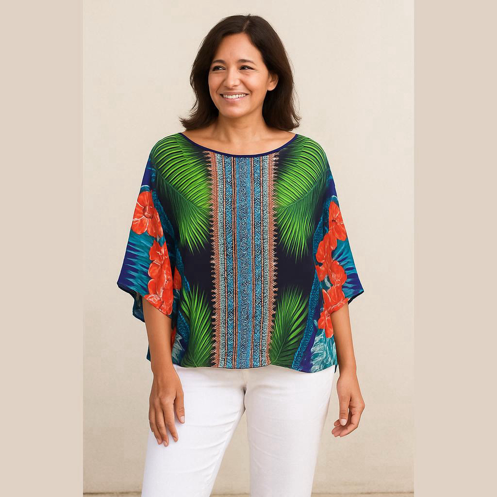 Flowing Tropical Print Kaftan Top L